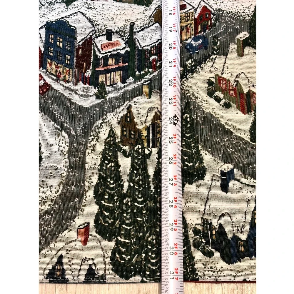 Vintage Christmas Tapestry Wall Hanging Scene Santa‎ Sleigh Snow Village